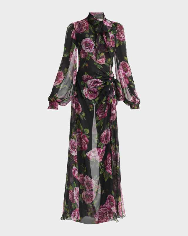 Rosa Antica Neck-Scarf Chiffon Wrap Gown